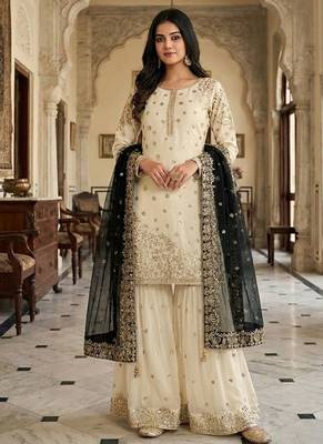 white&black silk blend  readymade suit with embroidery & sequence work 1