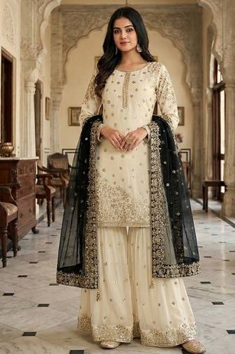 White&Black Silk Readymade Suit with Embroidery & Sequin Work