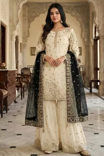 white&black silk blend  readymade suit with embroidery & sequence work