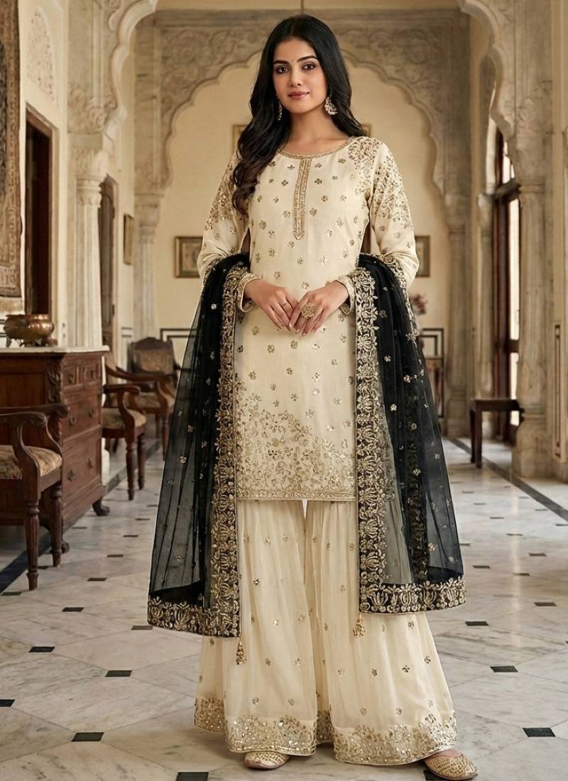 white&black silk blend  readymade suit with embroidery & sequence work