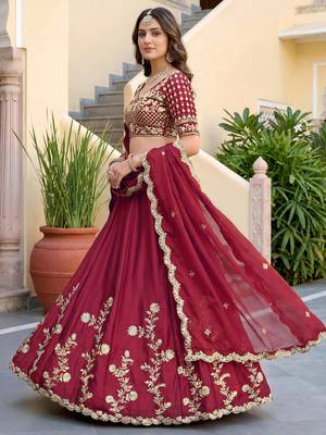 Alluring Maroon Embroidered Silk Engagement Wear Lehenga Choli With Dupatta 2