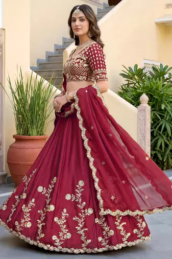 Alluring Maroon Embroidered Silk Engagement Wear Lehenga Choli With Dupatta