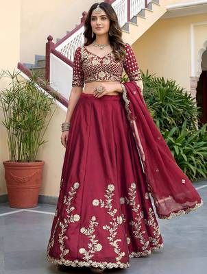 Alluring Maroon Embroidered Silk Engagement Wear Lehenga Choli With Dupatta 3