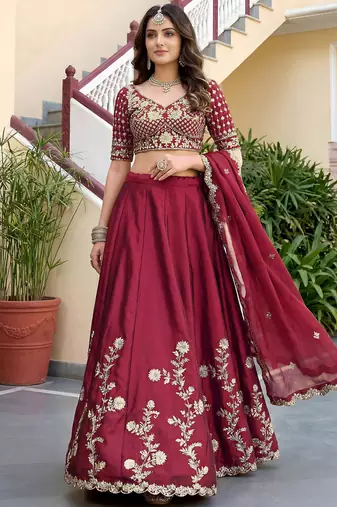 Alluring Maroon Embroidered Silk Engagement Wear Lehenga Choli With Dupatta