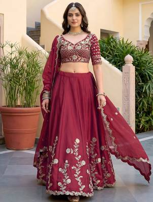 Alluring Maroon Embroidered Silk Engagement Wear Lehenga Choli With Dupatta 4