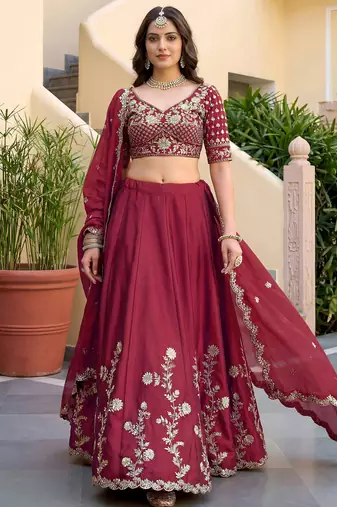 Alluring Maroon Embroidered Silk Engagement Wear Lehenga Choli With Dupatta