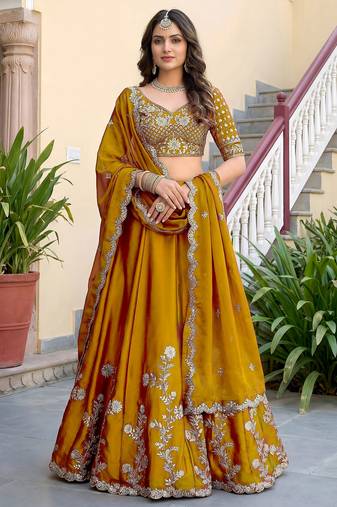 Regal Mustard Yellow Sequins Silk Haldi Wear Lehenga Choli With Dupatta
