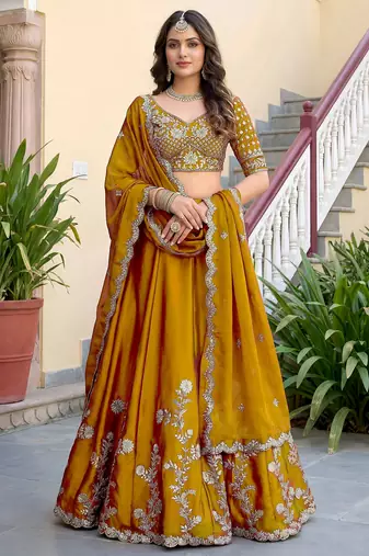 Regal Mustard Yellow Sequins Silk Haldi Wear Lehenga Choli With Dupatta