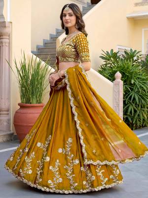 Regal Mustard Yellow Sequins Silk Haldi Wear Lehenga Choli With Dupatta 2