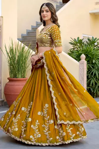 Regal Mustard Yellow Sequins Silk Haldi Wear Lehenga Choli With Dupatta