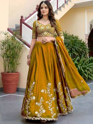 Regal Mustard Yellow Sequins Silk Haldi Wear Lehenga Choli With Dupatta 3