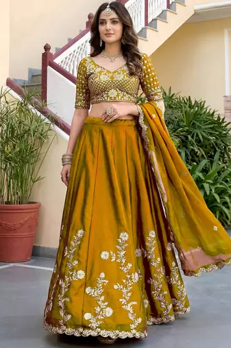 Regal Mustard Yellow Sequins Silk Haldi Wear Lehenga Choli With Dupatta