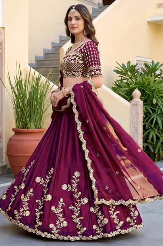 Elegant Wine Sequins Silk Traditional Lehenga Choli With Dupatta