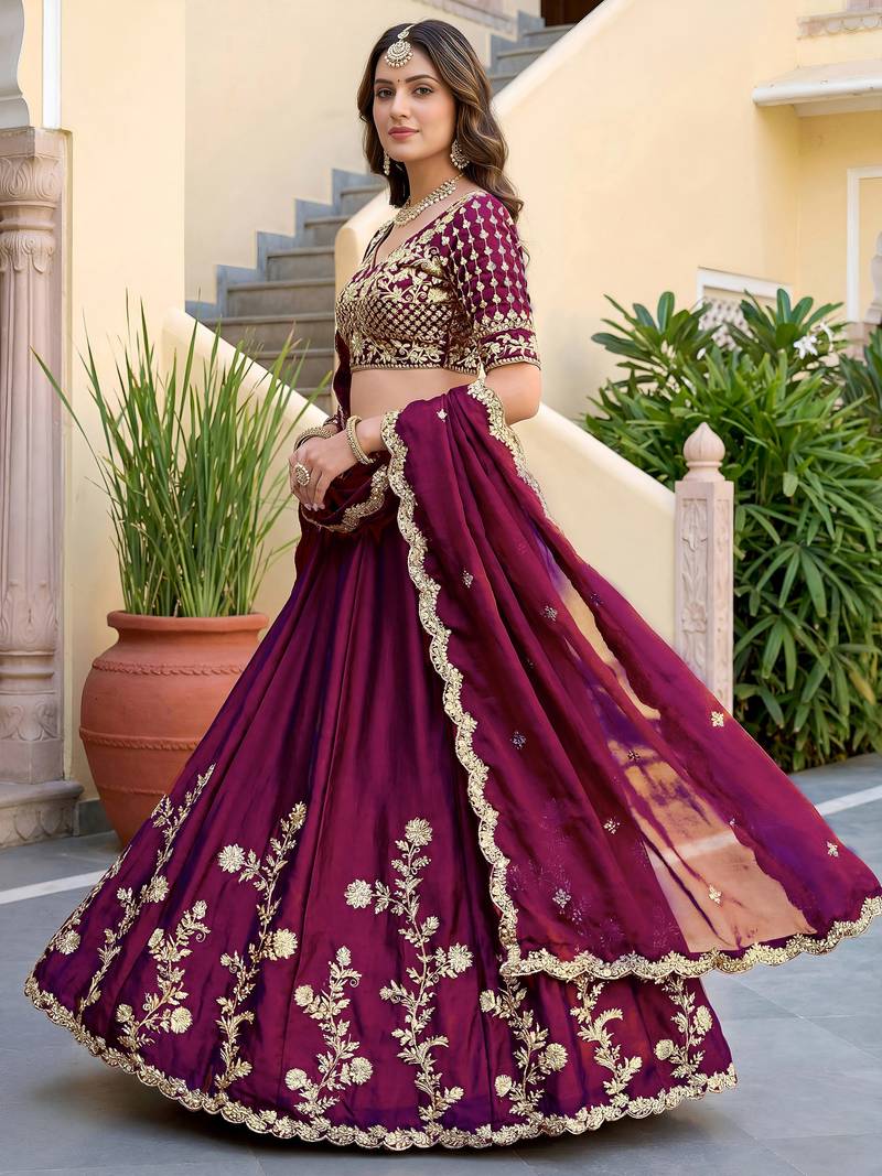 Elegant Wine Sequins Silk Traditional Lehenga Choli With Dupatta