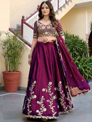 Elegant Wine Sequins Silk Traditional Lehenga Choli With Dupatta 3