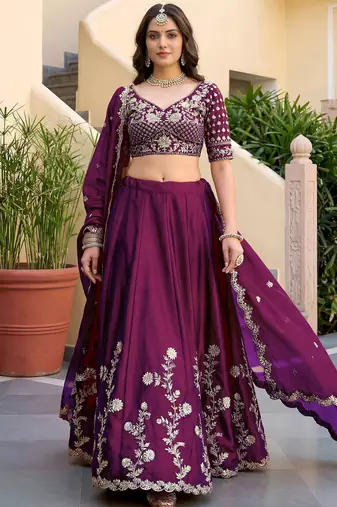 Elegant Wine Sequins Silk Traditional Lehenga Choli With Dupatta