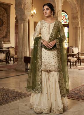 white&mehendi silk blend  readymade suit with embroidery & sequence work 1