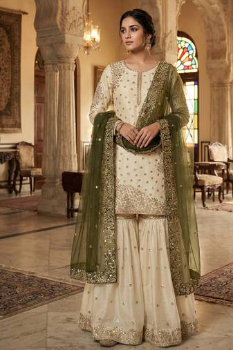 White&Mehendi Silk Readymade Suit with Embroidery & Sequence Work