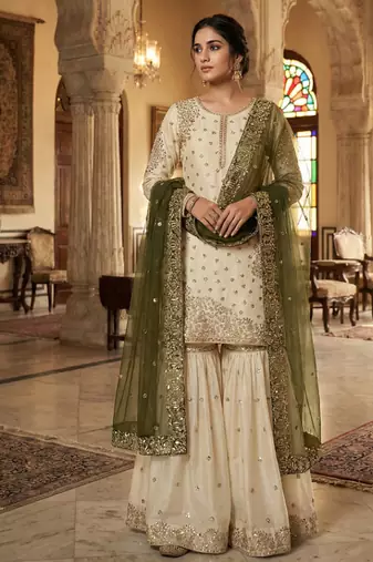 white&mehendi silk blend  readymade suit with embroidery & sequence work