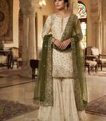 white&mehendi silk blend  readymade suit with embroidery & sequence work