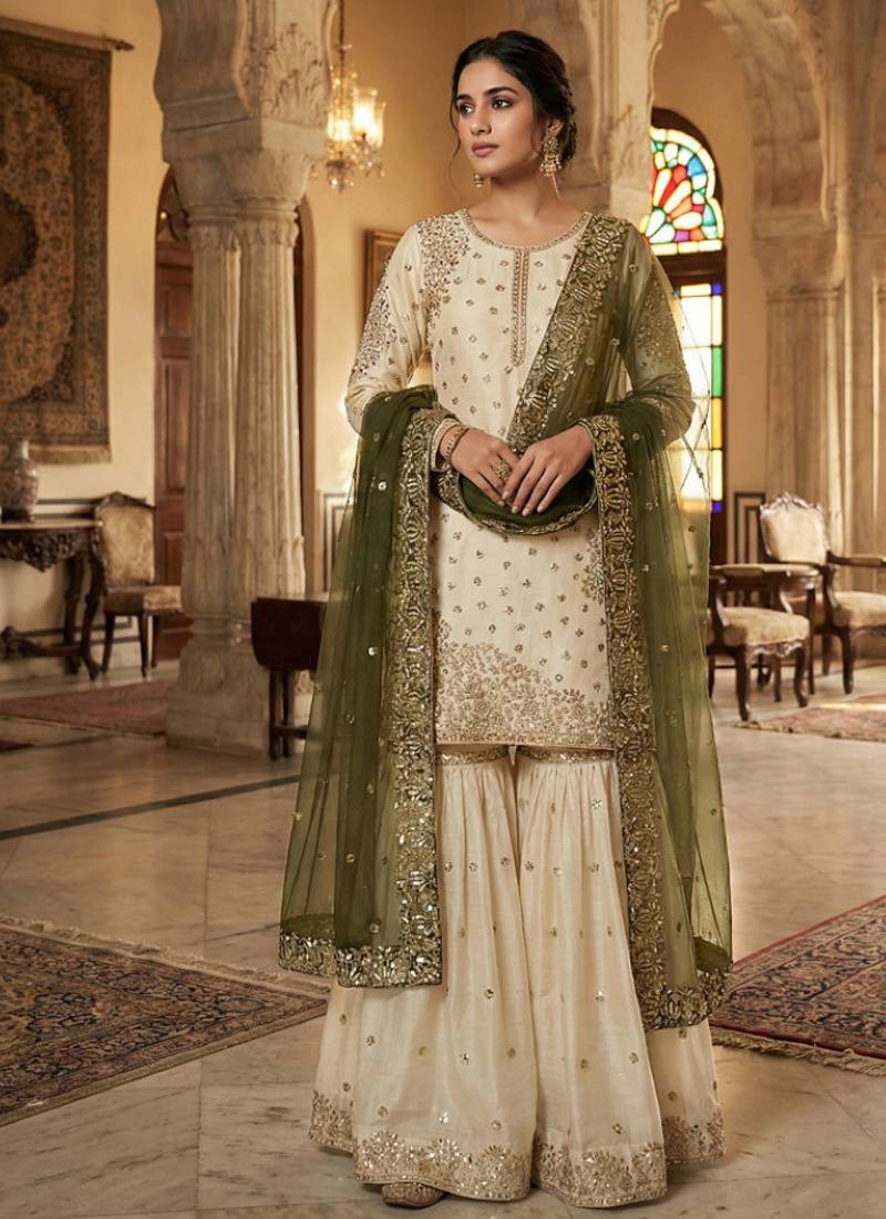 white&mehendi silk blend  readymade suit with embroidery & sequence work