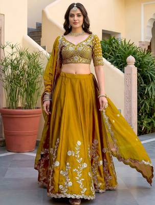 Regal Mustard Yellow Sequins Silk Haldi Wear Lehenga Choli With Dupatta 4