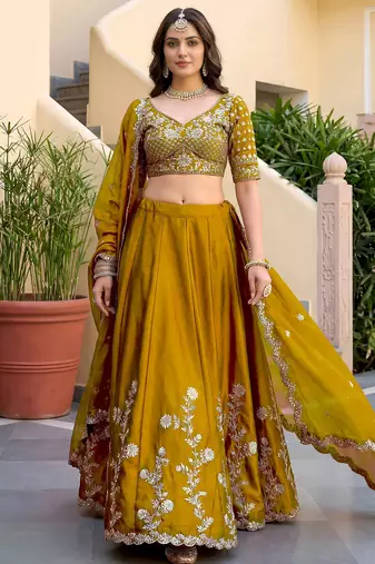 Regal Mustard Yellow Sequins Silk Haldi Wear Lehenga Choli With Dupatta