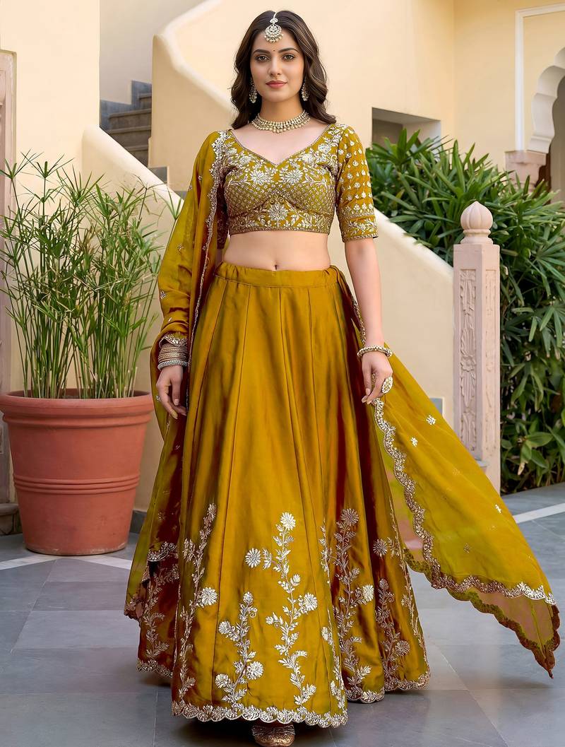 Regal Mustard Yellow Sequins Silk Haldi Wear Lehenga Choli With Dupatta