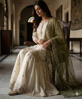 white&mehendi silk blend  readymade suit with embroidery & sequence work 2