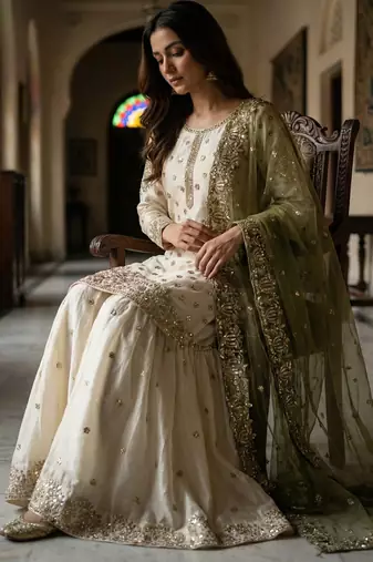 white&mehendi silk blend  readymade suit with embroidery & sequence work