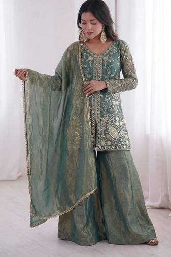 Blue Silk Readymade Suit with Embroidery & Sequence Work