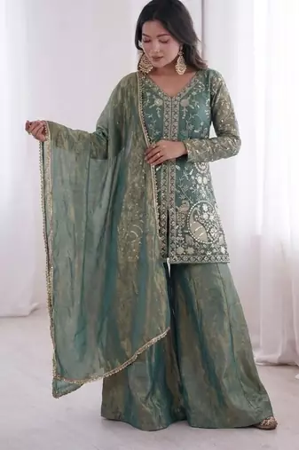 Blue Silk Readymade Suit with Embroidery & Sequence Work