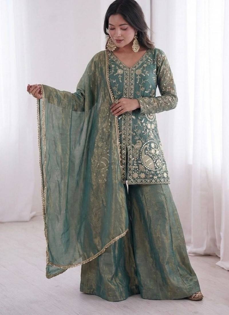 blue silk blend  readymade suit with embroidery & sequence work