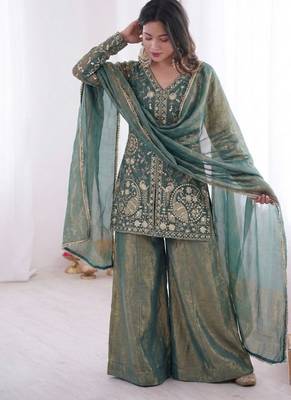 blue silk blend  readymade suit with embroidery & sequence work 2