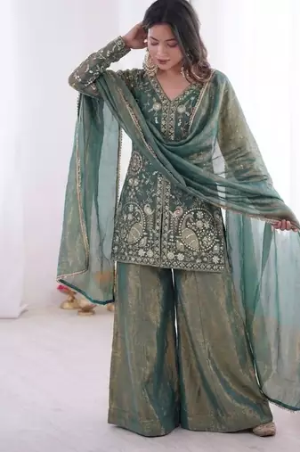 Blue Silk Readymade Suit with Embroidery & Sequence Work
