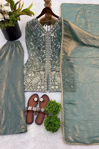 Blue Silk Readymade Suit with Embroidery & Sequence Work