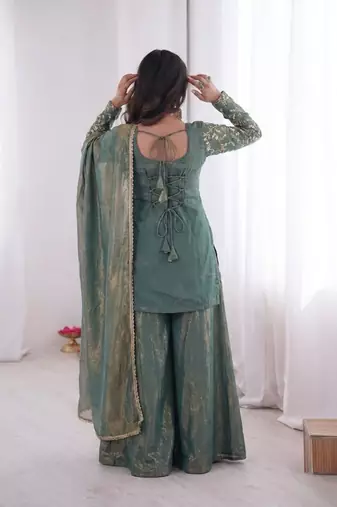 Blue Silk Readymade Suit with Embroidery & Sequence Work