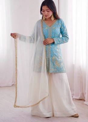 sky&white silk blend  readymade suit with embroidery & sequence work 1