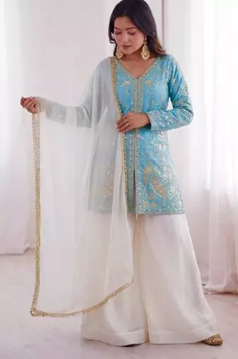 Sky&White Silk Readymade Suit with Embroidery & Sequence Work