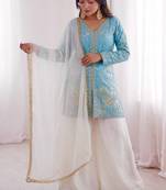 sky&white silk blend  readymade suit with embroidery & sequence work