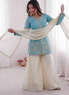 sky&white silk blend  readymade suit with embroidery & sequence work 2