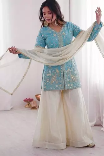 Sky&White Silk Readymade Suit with Embroidery & Sequence Work
