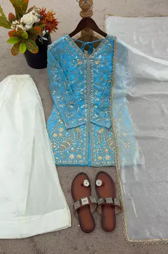 Sky&White Silk Readymade Suit with Embroidery & Sequence Work