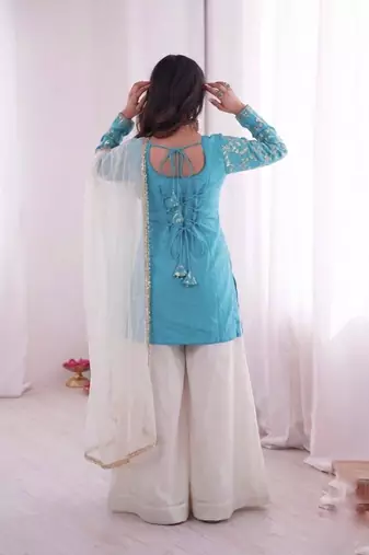 Sky&White Silk Readymade Suit with Embroidery & Sequence Work