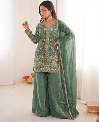 sea green silk blend  readymade suit with embroidery & sequence work 1