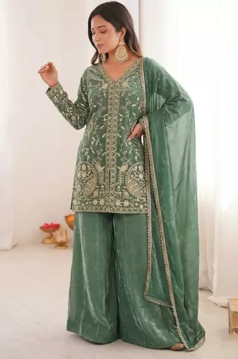 Sea Green Silk Readymade Suit with Embroidery & Sequence Work