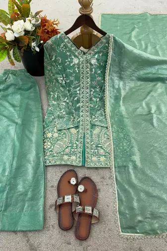 Sea Green Silk Readymade Suit with Embroidery & Sequence Work