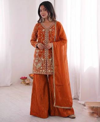 rust silk blend  readymade suit with embroidery & sequence work 1