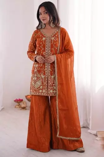 Rust Silk Readymade Suit with Embroidery & Sequence Work