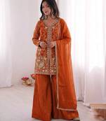 rust silk blend  readymade suit with embroidery & sequence work